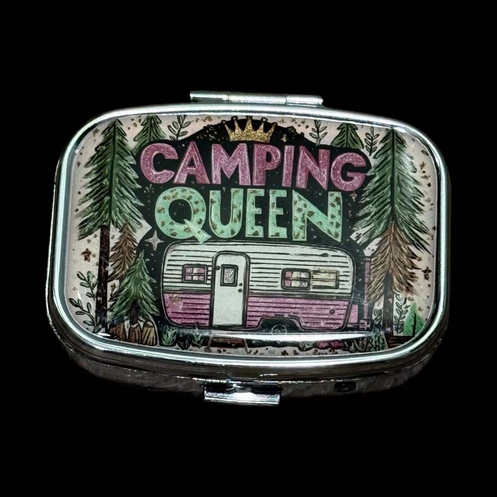 Cute Camping Queen Portable Rectangle Metal Pill Organizer Case